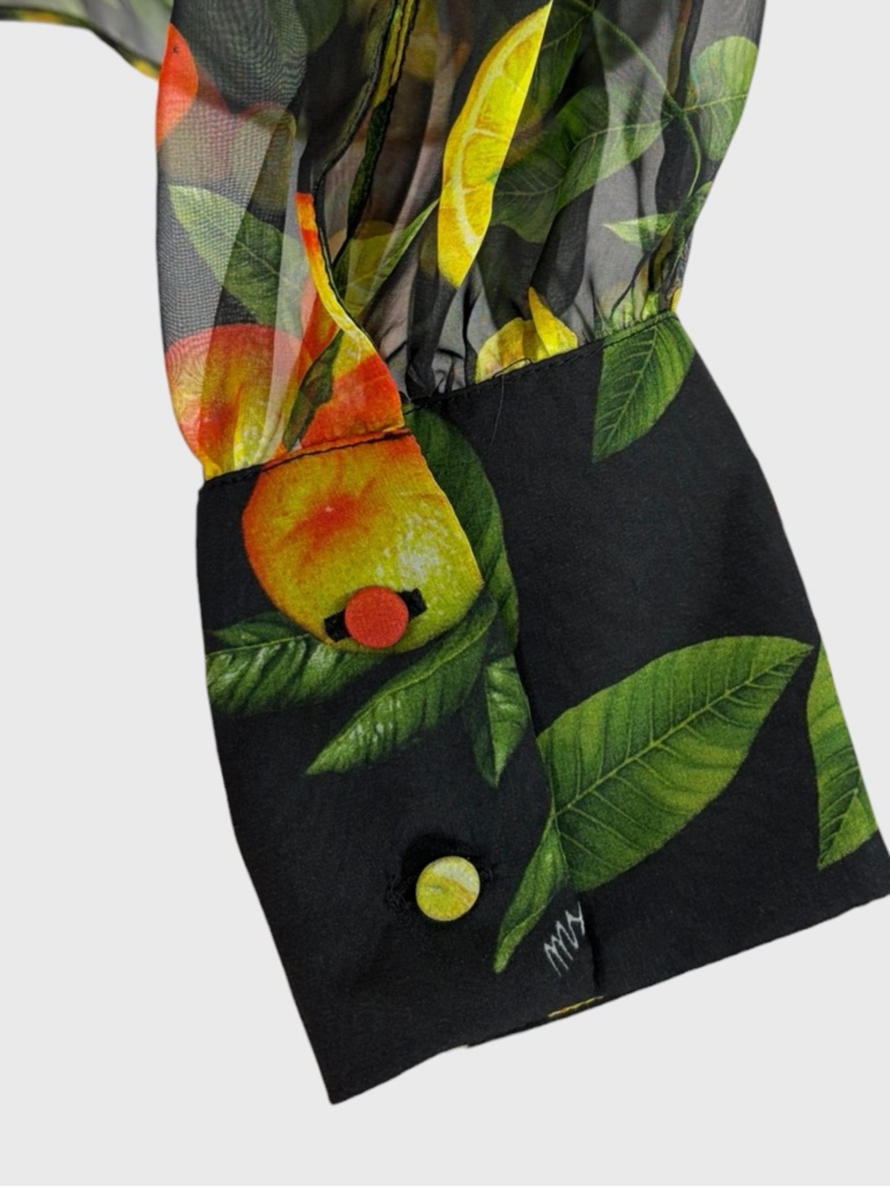 MSGM NWT Black Multicolor Fruit Sheer Tie Front Blouse Size 46 - Picture 8 of 9